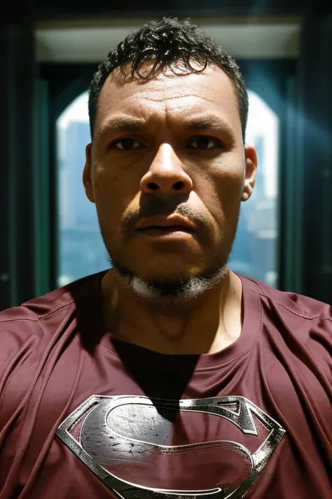 guttonerdvision7, The Man of Steels Superman is imposing himself on an abandoned haunted lost city. rosto com detalhas intrincados, Moonlight highlights your muscles and scars. The scenery is lush and mysterious, com cidade escura e arredores. The camera d...