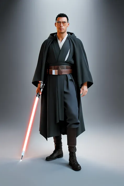 guttonerdvision7, Create a highly detailed and realistic portrait of a 45-year-old man wearing glasses. Depict him as a Jedi warrior from the Star Wars films, dressed in the iconic Jedi robes and hooded cloak. Pay meticulous attention to capturing the intr...