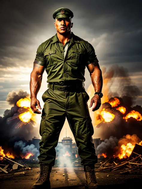 photo of th3r0ck , he is wearing a military clothes, military cap, in battleground destroyed city. dramatic lighting
