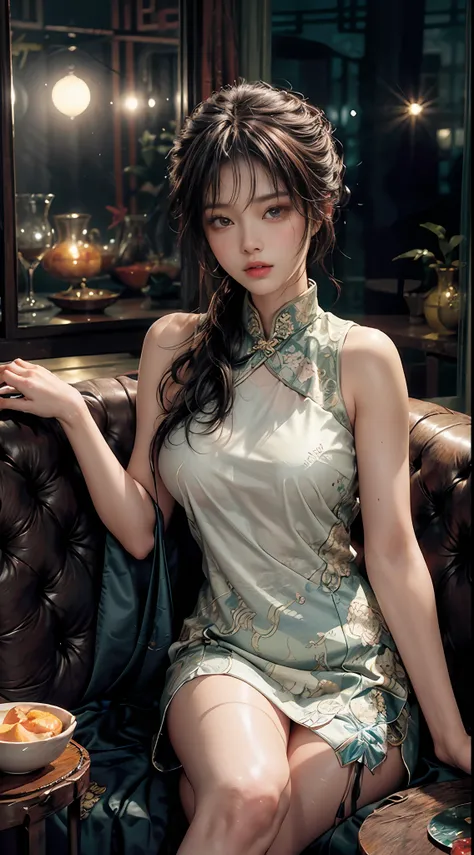 art is、decorated with intricate patterns and bright colors,、flowing silky traditional cheongsam、it depicts an attractive woman d...