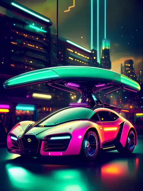 aerodynamic futuristic concept car gliding through a city of neon lights in a retro 1940s style, with ((trailing light streaks))...