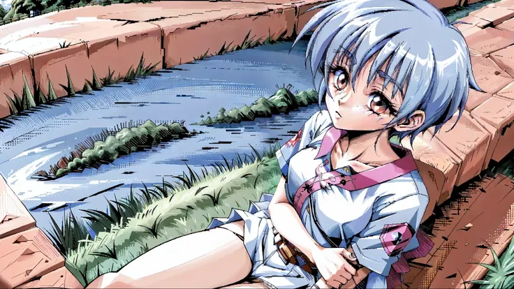 masutepiece, looking off into the distance, vigilante with pastel blue hair, ashamed,   grassy fields, sfw,