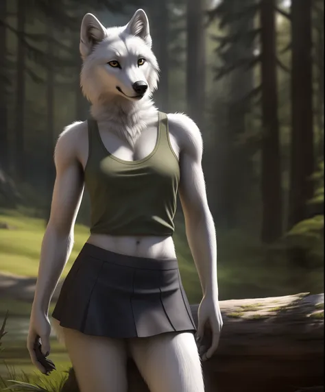 anthro, white wolf, female, adult, mini skirt, tank top, realistic fur, detailed background, wilderness background, realistic, p...