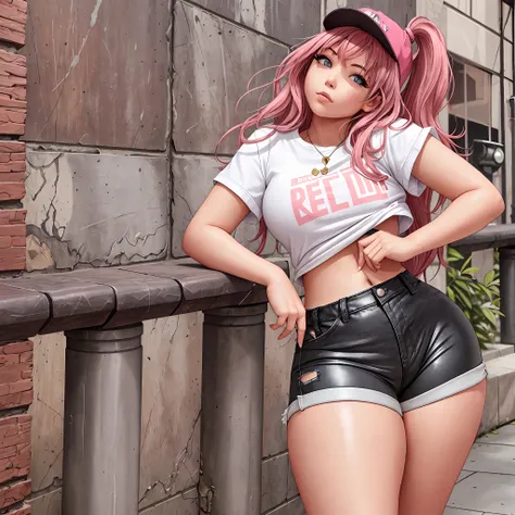 (1girl),Thicc,wide thighs,big ass,fitted pink shorts,standing backwards.