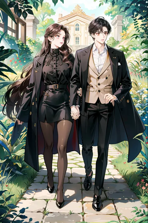 1girl, dark mauve hair color, brown eyes, tan skin, dark academia core outfit, witch, black heels, ring, 1guy, black hair, gold eyes, pale skin, suit, black shoes, ring, garden background, dark purple black brown gold color scheme, holding hands, picnic