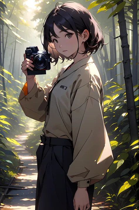 realisitic、girl in the forest and sunshine, shorth hair, nice hairstyle, nice clothes、look at a camera