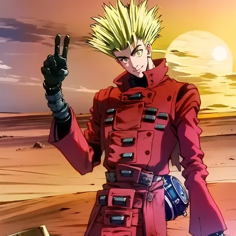 stunning coherent anime screengrab of vash the stampede from trigun anime!, posing for a picture, making a sign of peace!, happy...