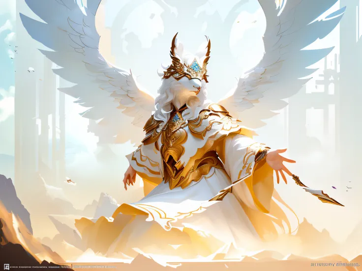 there is a woman dressed in a white outfit with wings, wlop and ross tran, alexandra fomina artstation, fantasy art behance, by Yang J, as a mystical valkyrie, by Jeremy Chong, chengwei pan on artstation, full - body majestic angel, holy paladin, by Ryan Y...