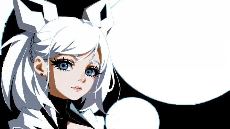 stylized fashion girl, stylized waivy hair, white hair, black dress, rabit ears, 2d reandering