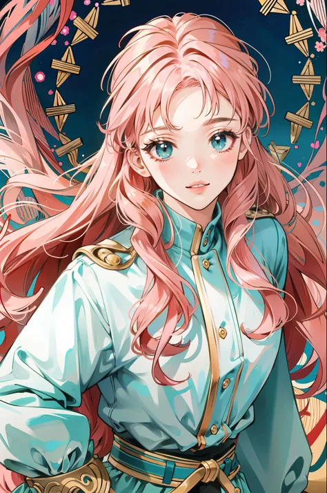 ((masterpiece:1.2, best quality)), ultra detailed, Ultra-precise depiction, Ultra-detailed depiction, (zentangle:1.2), (dynamic pose), (abstract background:1.5), wavy long hair, pink hair, 1girl, colorful, portrait, (from above:1.2)