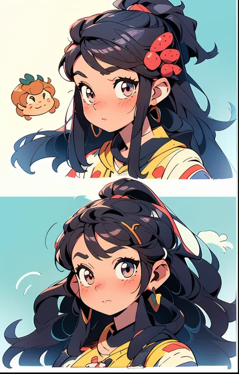 there are four pictures of a woman with long hair and a strawberry in her hair, fanart requintada altamente detalhada, fanart de...