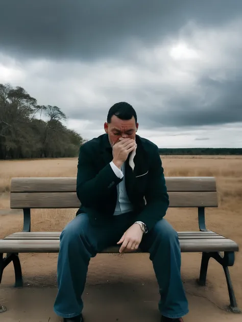 guttonerdvision7, Create a highly detailed and sharp portrait of a man wearing glasses. Pay meticulous attention to capture the intricate details of your face, com foco em seus olhos castanhos escuros. Picture him sitting on a bench in a deserted, melancho...