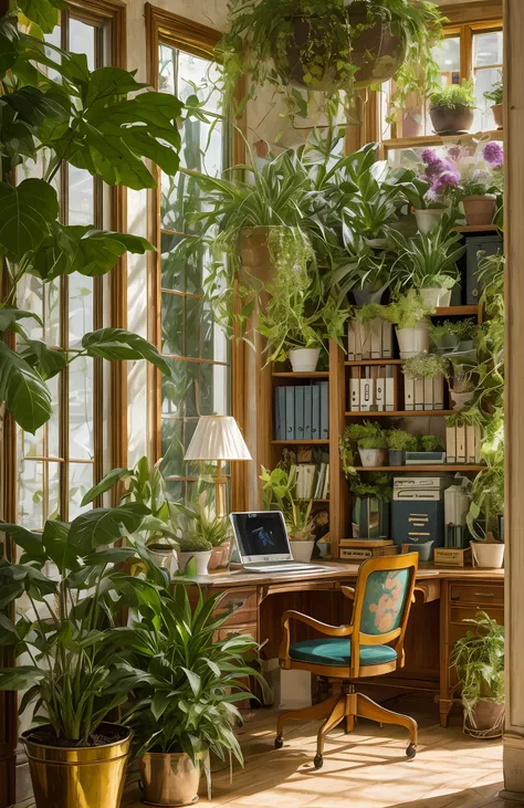 architectural digest photo of a maximalist green {vaporwave/steampunk/solarpunk} ((home office)) with flowers and plants, golden...