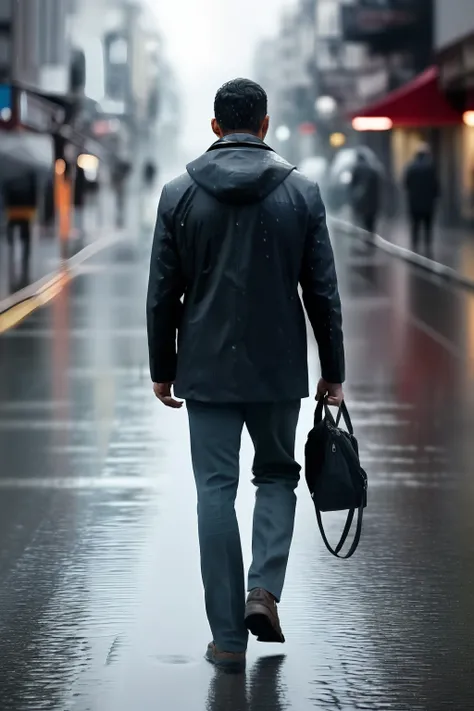 guttonerdvision7, Illustrate a highly detailed and sharp image of a man wearing glasses. Focus on capturing the intricate details of his face, emphasizing the clarity and sharpness of his features. Depict him walking along a dark and rainy street, with rai...