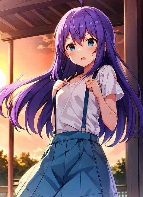 mochizuki anna,1girl in,solo,long hair,purple hair,medium chest.ahoge,blue eyes.short stature.white t-shirts.suspenders.skirt.ev...