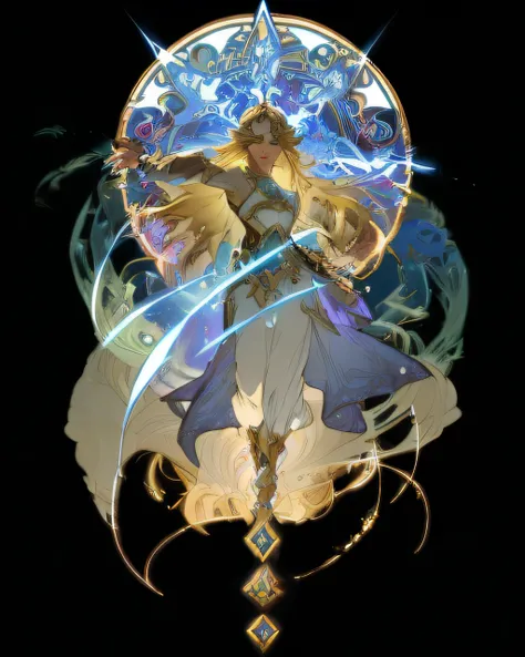 a woman in a long dress holding a sword and a star, alphonse mucha and rossdraws, cushart krenz key art feminine, in the art style of mohrbacher, portrait knights of zodiac girl, beautiful celestial mage, anime fantasy illustration, goddess of light, knigh...