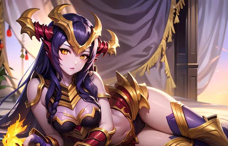 best quality, (ultra-detailed), shyvana, (hands out of screen), (purple skin), 1girl, thin thighs, fine details, small breasts, ...