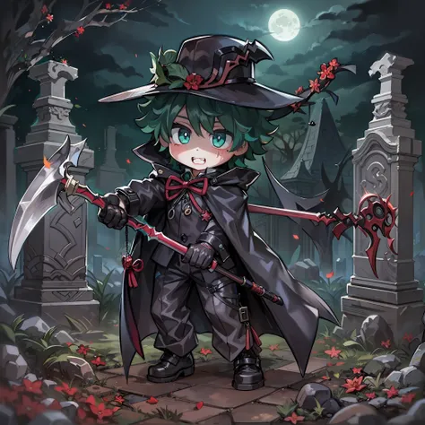 masterpiece, best quality, chibi,  izuku midoriya as the grim reaper wearing plague doctor's clothes wielding a scythe on a ceme...