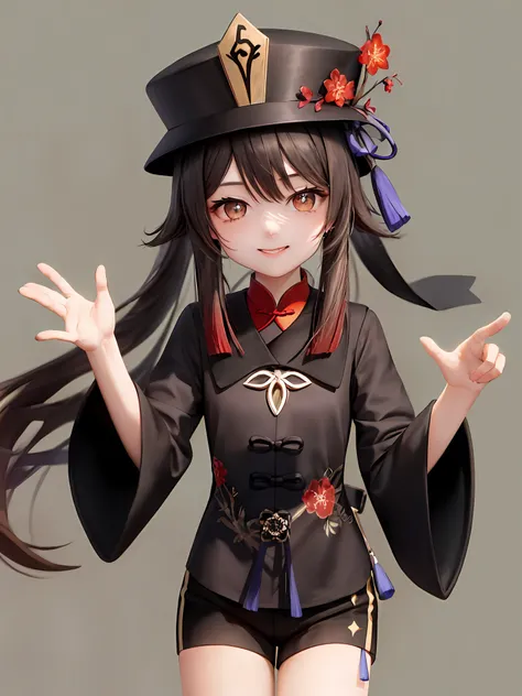 (巨作:1.2), (Best quality:1.2), 1girll, (Single person:1.2)，Cowboy shot, Upper body body，(Cinematic light:1.2)，(Perfect Hand 1.5)， Slender beautiful legs，Playful，Hide hands，(Background of ancient Chinese architecture:1.2)，(HuTao/(genshinimpact/)), Red eyes, ...