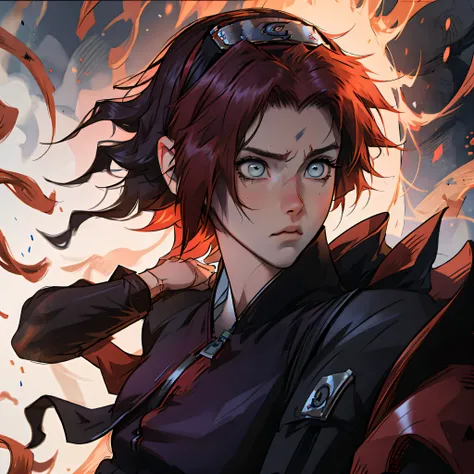 Anime character with red hair and blue eyes staring at something, pain from naruto, from naruto, Looks like Naruto, fully red eyes,His eyes were red, his eyes are bleeding intense, Reddens Nose,jocker,A red love word on the left forehead,madara uchiha --a...