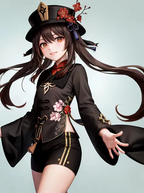 (巨作:1.2), (Best quality:1.2), 1girll, (Single person:1.2)，Cowboy shot, Upper body body，(Cinematic light:1.2)，(Perfect Hand 1.5)， Slender beautiful legs，Playful，Hide hands，(Background of ancient Chinese architecture:1.2)，(HuTao/(genshinimpact/)), Red eyes, ...