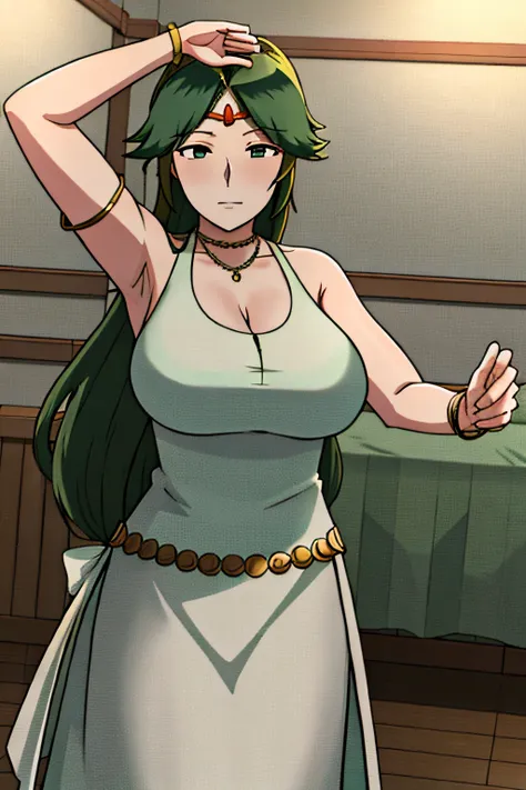 NTRman, masterpiece, best quality, 1girl, solo, mature female, toned, palutena, green hair, long hair, white dress, dress,