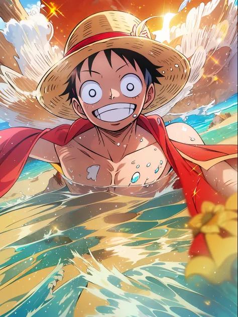 (a beautiful beach),(clear blue sky),(golden sand),(calm ocean),(happy luffy),(playing in water),(straw hat),(red t-shirt),(brig...