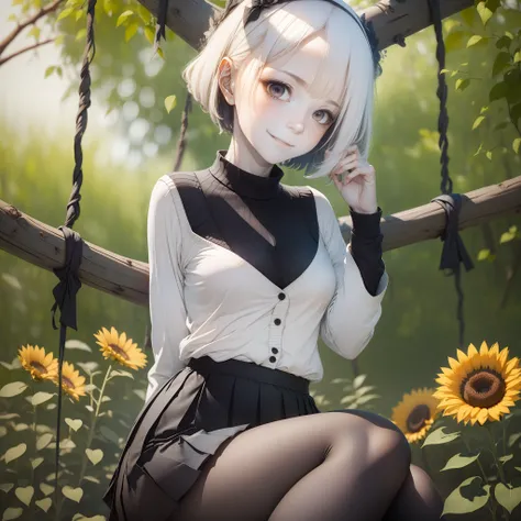 1 anime girl,Solo,Small breasts, fast,Alain sweater,( Nero_Skirt),(Black pantyhose),Light smile, Masterpiece,with short white hair，Sunflowers in hand，softlighting，Sit on a tree vine swing，In a glass bottle，mint，