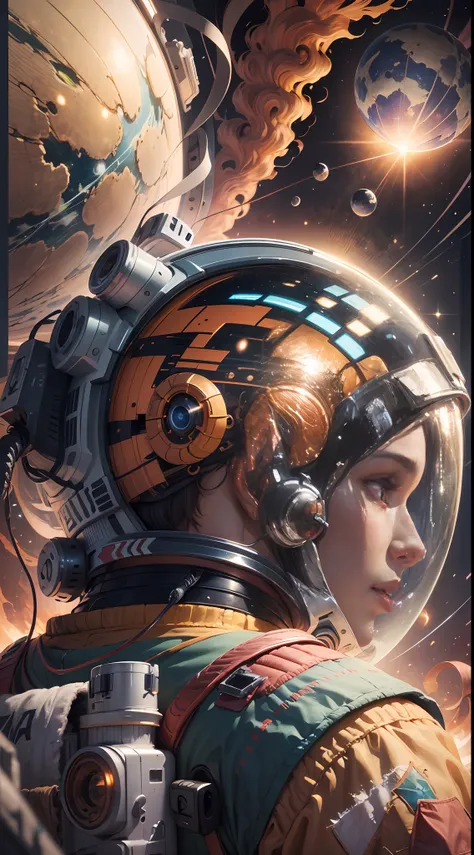 ((Masterpiece)), (Best Quality)), 8K, high detail, hyper-detail, the painting depicts a scene of breathtaking magnificent spatial images. The picture shows a man wearing a spacesuit, facing back, looking at a red glowing planet in space. The scenes are extremely detailed and the clarity is extraordinary, capturing every intricate detail of the panorama.