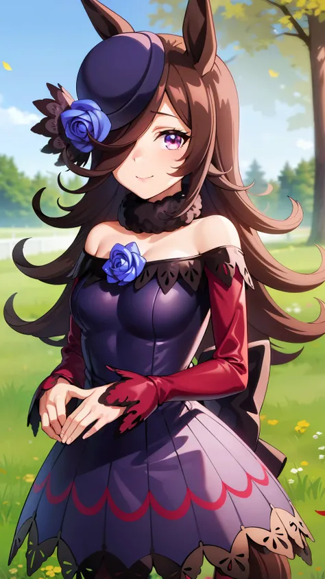 a woman in an anime style dress is standing in some flowers in the grass, 1girl, solo, long hair, horse ears, outdoors, dress, big eyes, off-shoulder dress, pantyhose, hat, pretty girl, off shoulder, looking at viewer, smile, brown hair, bare shoulders, tr...