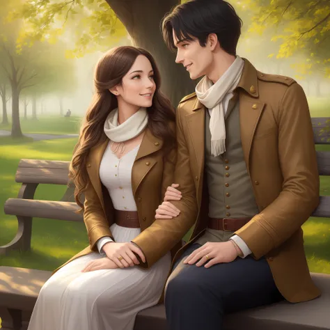 prompt: create an illustration of a period romance couple on a walk through the park. the woman has brown hair and is wearing a ...