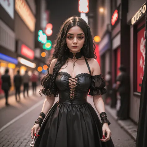 woman wearing gothic clothes on a modern street at night, the street is dimly lit and the woman is holding a knife