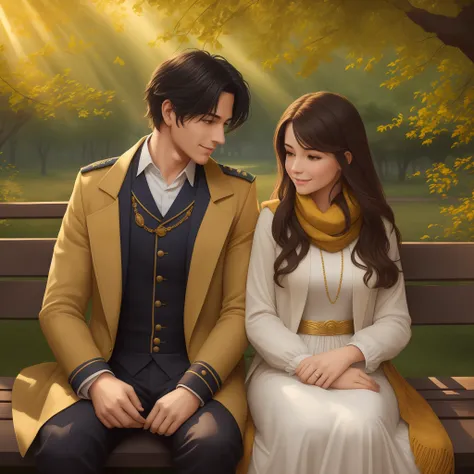 prompt: create an illustration of a period romance couple on a walk through the park. the woman has brown hair and is wearing a ...