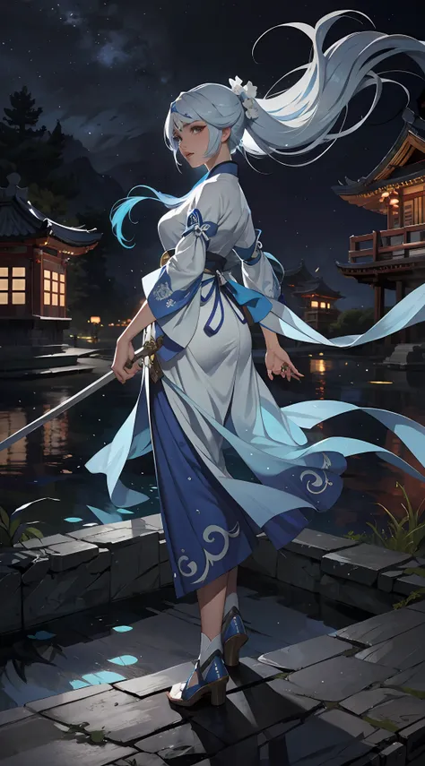 1 beauty，blue hanfu，long whitr hair，national style，ancient wind，ultraclear，facial closeups，river water in the background，holding...