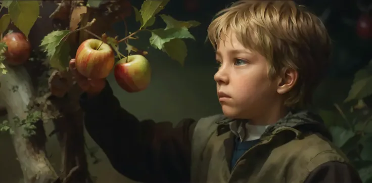 "Image simulating a boy also observing the apple that differs from the usual, ultra detailed, lots of color, cool and modern, realistic casting of shadows, warm and vivid light, vibrant and dynamic atmosphere, blurred background with different texture deta...