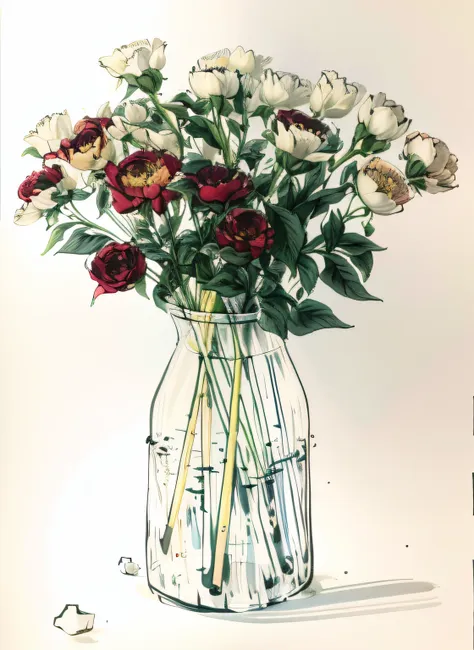 there is a drawing of a vase，there are flowers inside, line art colouring page, extremely fine ink lineart, clean ink detailed l...