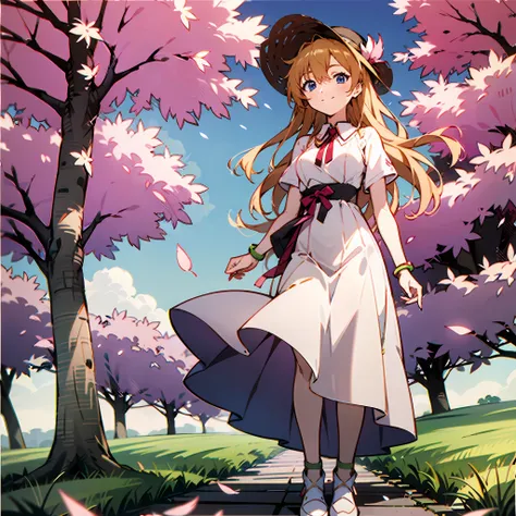 under a sakura tree，pink leaves，big wind，pink leaves fly，white straw hat:1.2，asuka，white dresses，the lens looks down，lace-trimme...