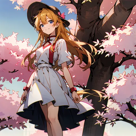 under a sakura tree，pink leaves，big wind，pink leaves fly，white straw hat:1.2，asuka，white dresses，the lens looks down，lace-trimme...