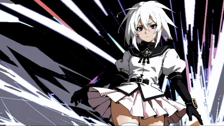 anime girl, serious face, white hair, black clothes, full body, light pink skirt, 32k resolution