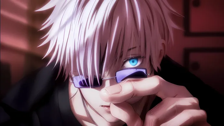 (((melhor qualidade)), ((obra-prima)), ((realista)), retratam Satoru Gojou em sua roupa preta, seus olhos possuem cor azul e brilham em neon. cilios brancos, e cabelo do personagem com detalhes realistas. O dedo indicador e polegar do personagem estao se t...