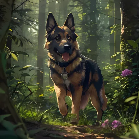 （best qualtiy：1.2），（tmasterpiece：1.2），（realisticlying：1.2），close up photograph，a very cute jumping german shepherd in the forest...