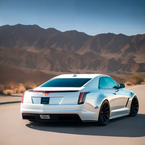 a modified white cadillac atsv accelerated to the rear