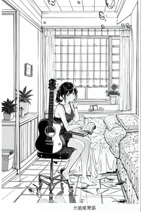 lineart, 
1girl, 独奏, black hair, holding, sitting, pony tail, shorts, indoors, pouch, a cup, book, window, bed, chair, phone, st...