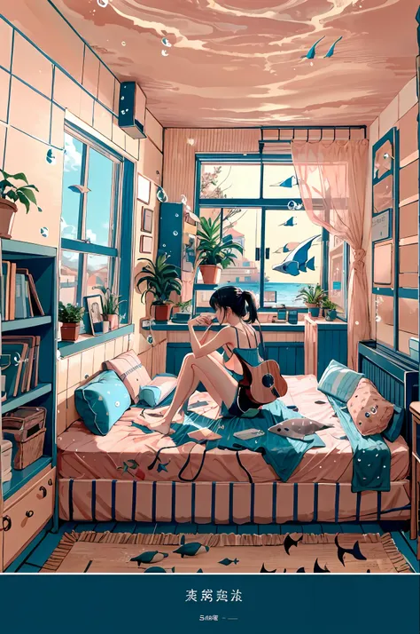 1girll, 独奏, black hair, holding, sitting, pony tails, shorts, indoors, pouch, d cup, book, window, bed, chair, phone, plushies, ...