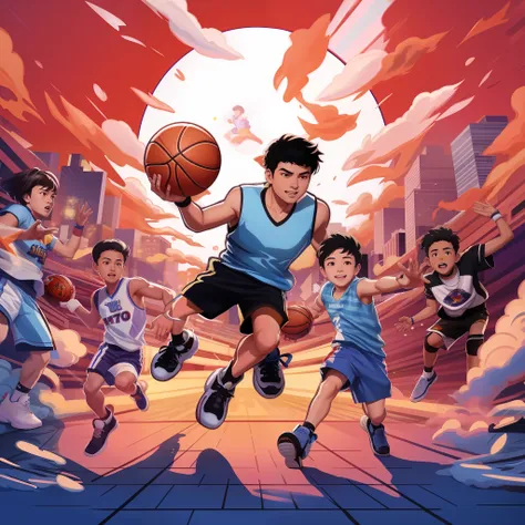 cartoon illustration of a group of young people playing basketball in the city, in the style of sachin teng, author：eddie mendoz...