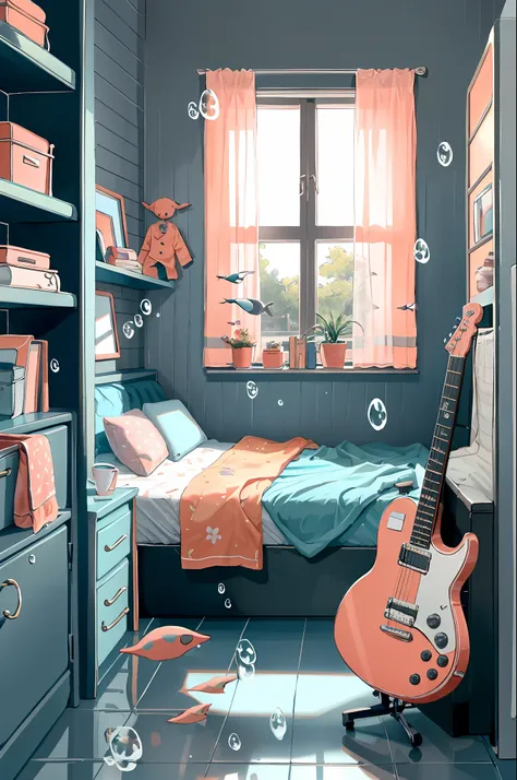 lineart,
1girl, 独奏, black hair, holding, sitting, pony tail, Shorts, Indoors, pouch, a cup, book, Window, bed, chair, phone, stuffed toy, Scarecrow, plant, Curtains, instrument, a table, camisole, fish, bubble, undersea, watch, electric guitar, air bubble...