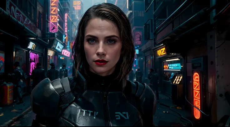 Close-up, uma supermodelo muito bonita, blonde, com quadris muito largos e cintura estreita, full lips, cintura pequena e quadris grandes, Red lipstick, com roupas cyberpunk em uma cidade cyberpunk movimentada com placas de neon, blade runner aesthetics, n...