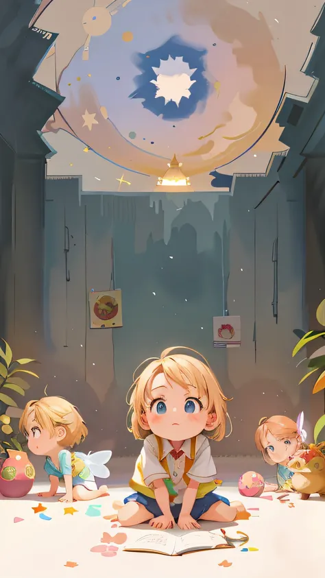 There are many small children sitting on the floor, Arte infantil em Artstation, painting digital adorable, arte digital detalhada bonito, Arte no estilo de Guweiz, a beautiful artwork illustration, estilo de arte bonito, arte digital bonito, animation ill...
