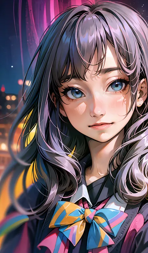 (extremely detailed CG portrait,masterpiece, best quality),(vibrant hair-colorful hair:1.2),(pretty school uniform),(beautiful eyes),(night view),(city lights),(dark background)