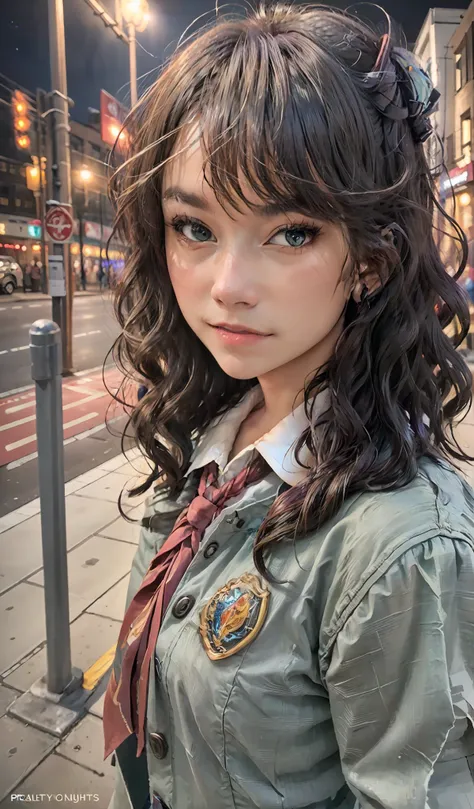 (extremely detailed CG portrait,masterpiece, best quality),(vibrant hair-colorful hair:1.2),(pretty school uniform),(black eyes),(night view),(city lights),(dark background), full body